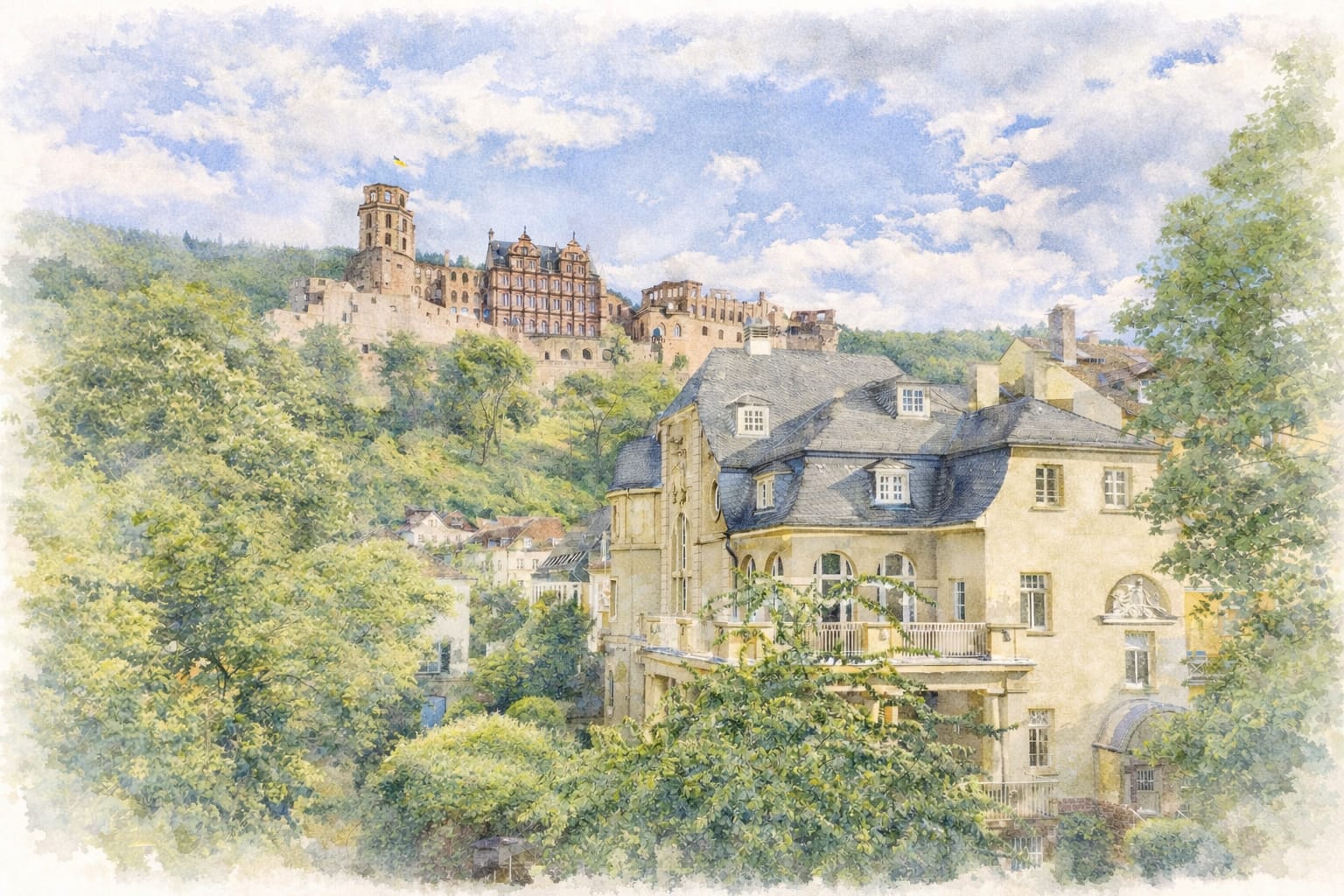 Ansicht des Heidelberger Schlosses aus der Laube im Garten des Corpshauses 